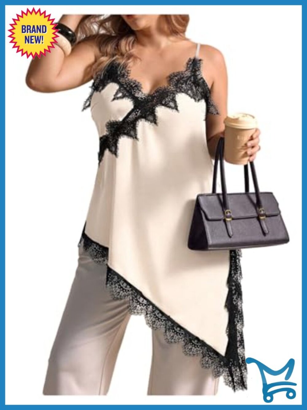 Plus Size Satin Lace Trim V Neck Cami Asymmetrical Hem Tank Top